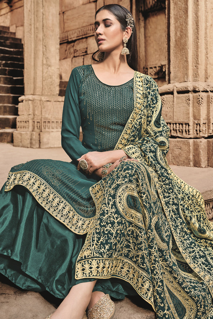 Teal Color Sangeet Wear Palazzo Suit In Georgette Fabric