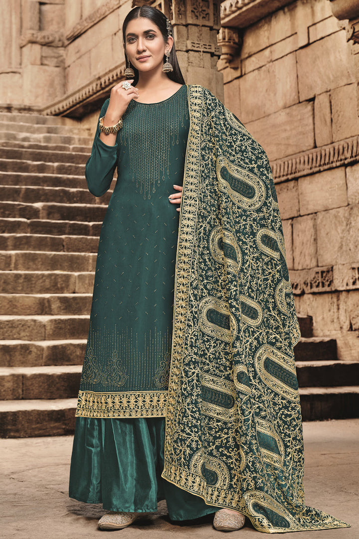 Teal Color Sangeet Wear Palazzo Suit In Georgette Fabric