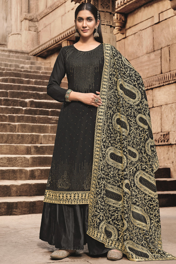 Black Color Sangeet Wear Palazzo Suit With Stone Work