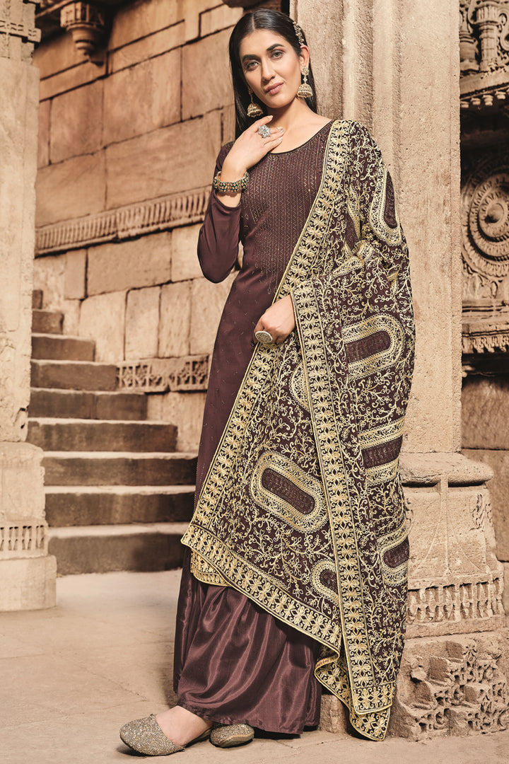 Georgette Fabric Vintage Stone Work Palazzo Suit In Brown Color