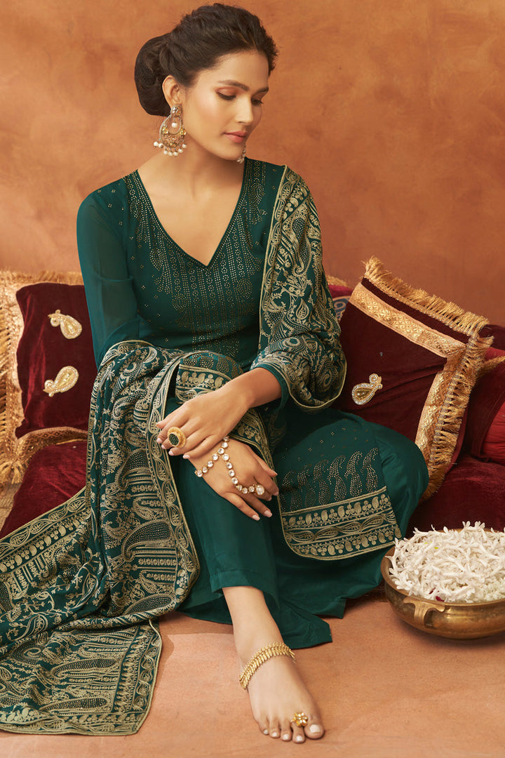 Tempting Dark Green Color Georgette Fabric Fancy Work Palazzo Suit