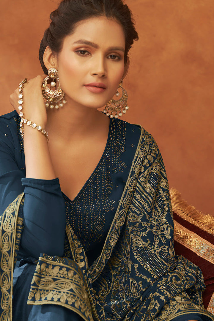 Navy Blue Color Wonderful Fancy Work Palazzo Suit In Georgette Fabric