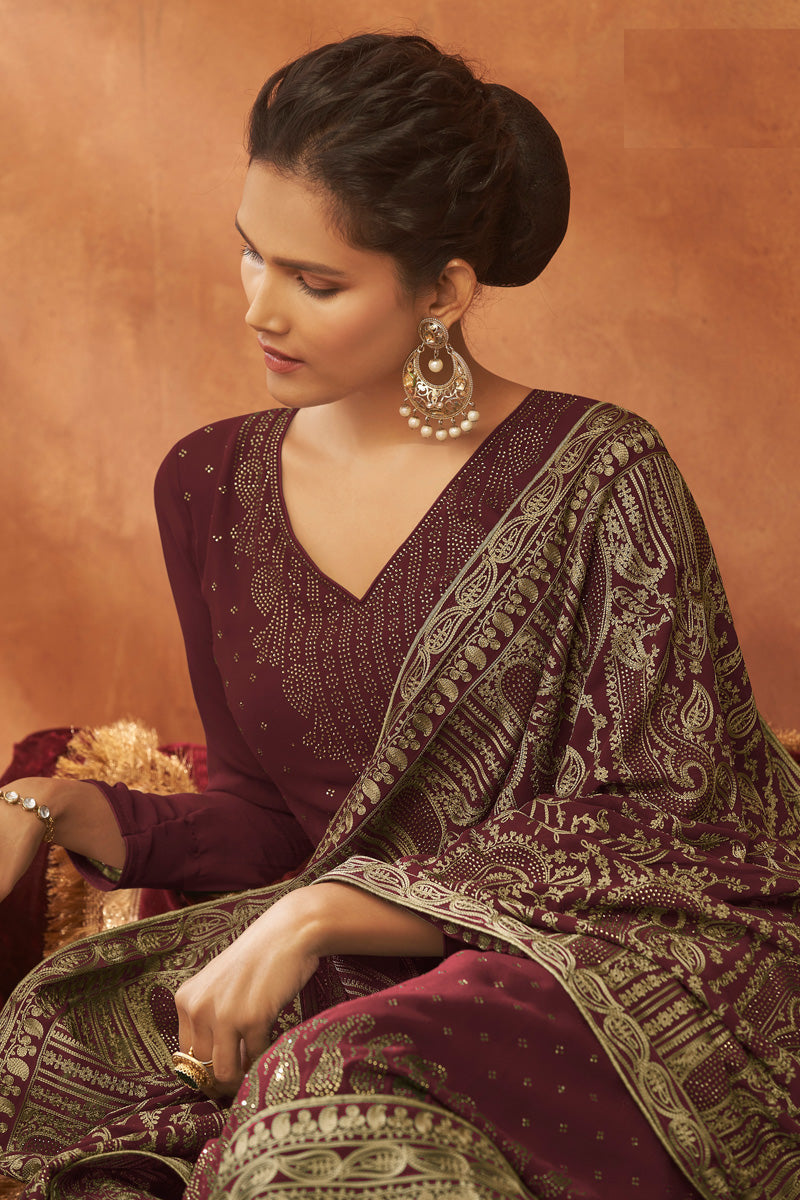 Maroon Color Georgette Fabric Embellished Fancy Work Palazzo Suit | Buy Online India