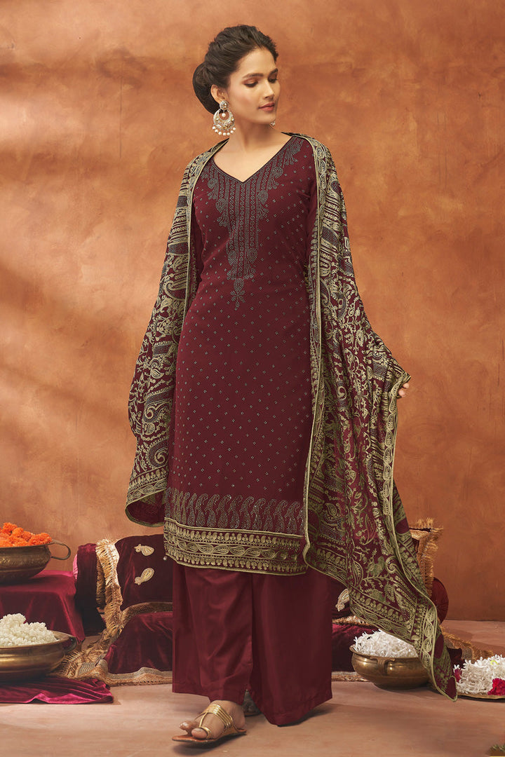 Maroon Color Georgette Fabric Embellished Fancy Work Palazzo Suit | Buy Online India