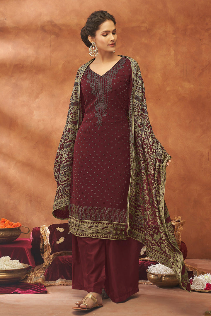 Maroon Color Georgette Fabric Embellished Fancy Work Palazzo Suit