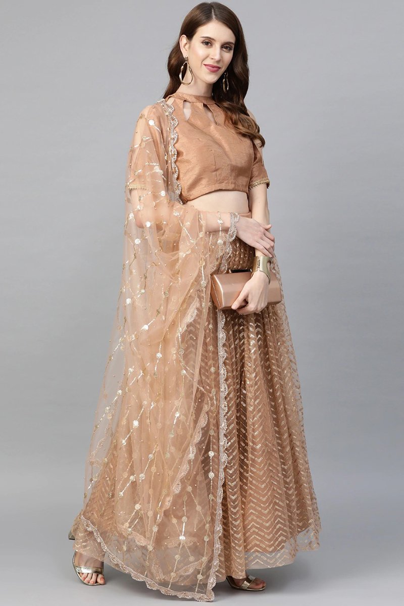 Net Fabric Sequins Work Wedding Wear Designer Lehenga Choli In Brown Color