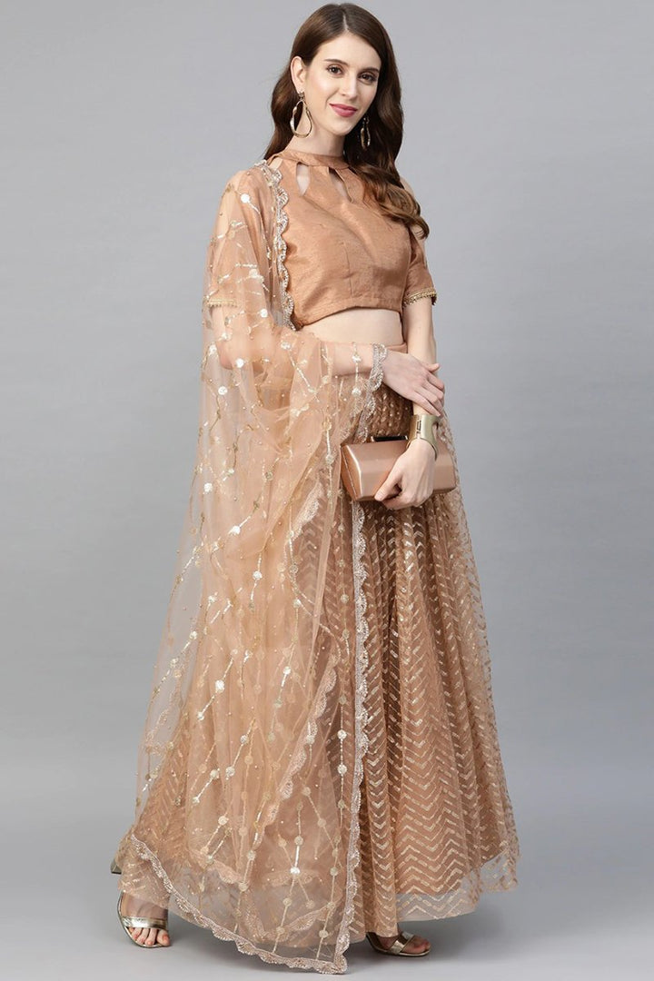 Net Fabric Sequins Work Wedding Wear Designer Lehenga Choli In Brown Color