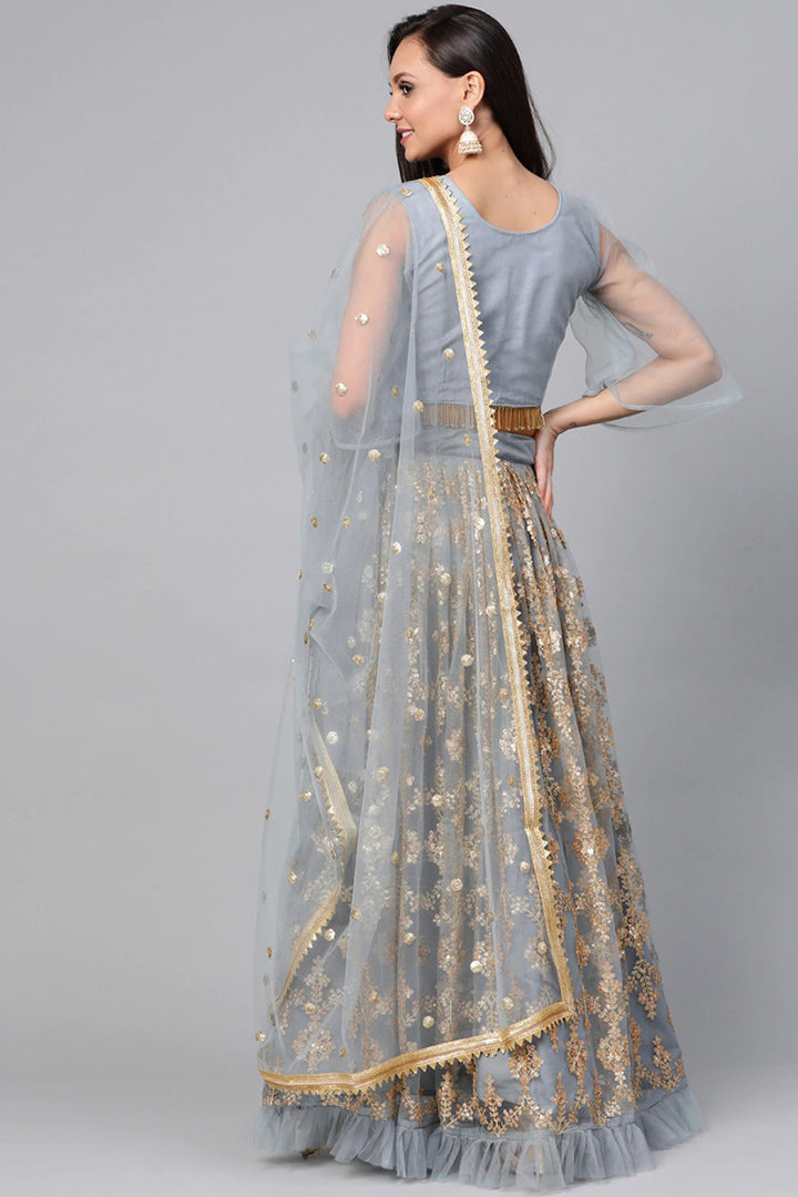 Reception Wear Designer Lehenga Choli In Grey Color Net Fabric