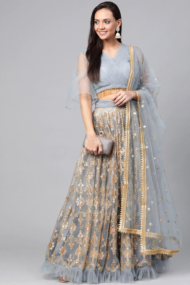 Reception Wear Designer Lehenga Choli In Grey Color Net Fabric