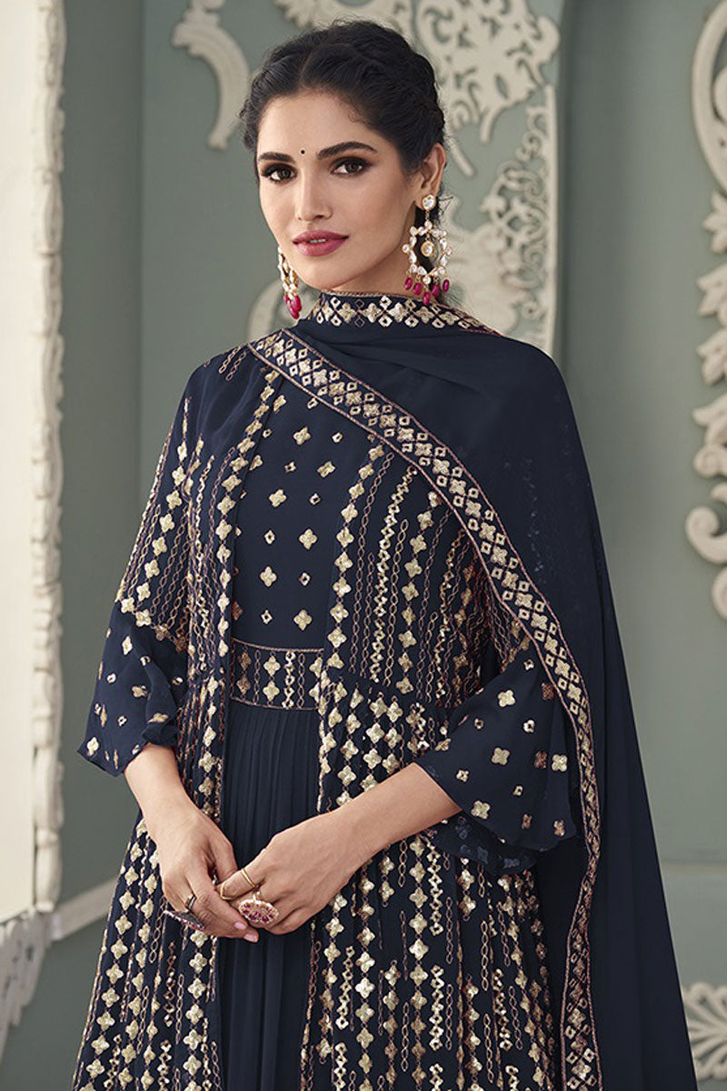 Function Wear Georgette Fabric Navy Blue Color Subline Embroidered Work Anarkali Suit Featuring Vartika Singh