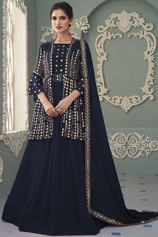 Function Wear Georgette Fabric Navy Blue Color Subline Embroidered Work Anarkali Suit Featuring Vartika Singh