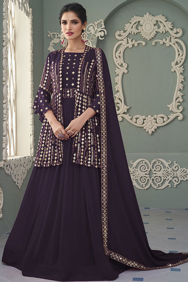 Georgette Fabric Function Wear Riveting Embroidered Work Anarkali Suit Featuring Vartika Singh In Wine Color
