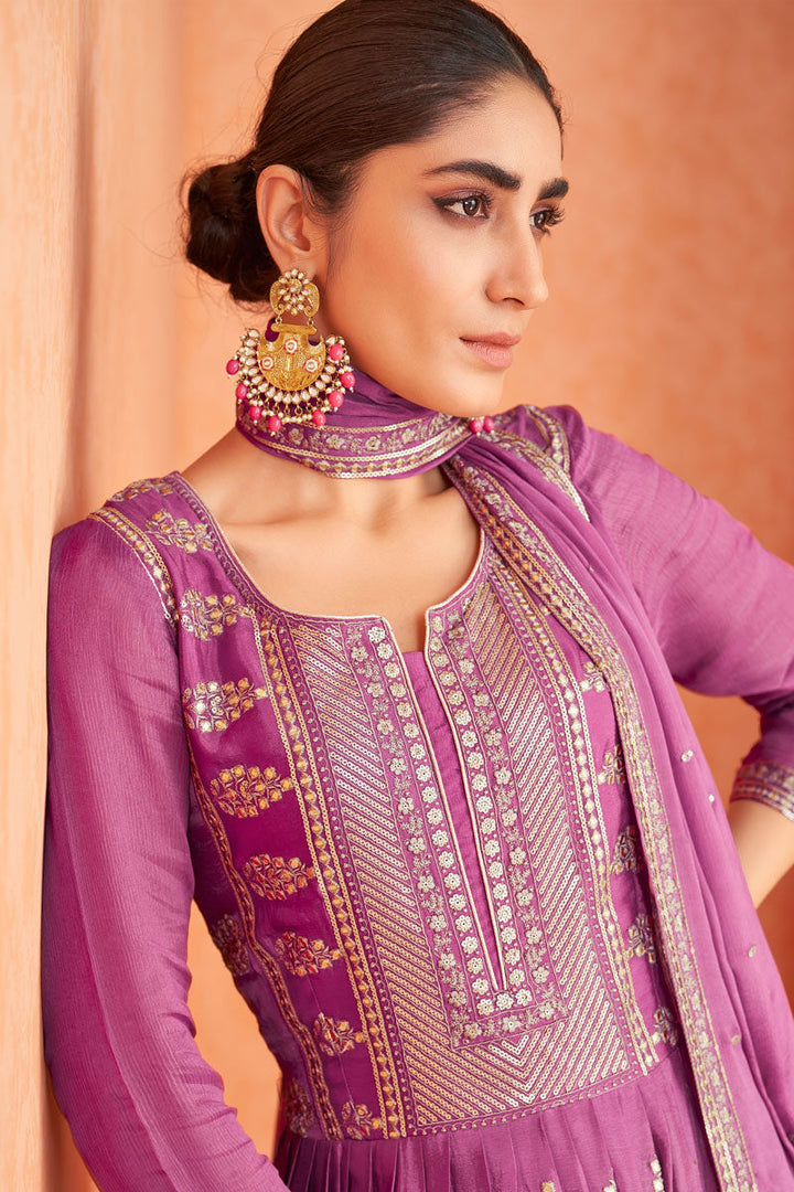 Alluring Sequins Work Purple Color Georgette Fabric Party Wear Anarkali Suit
