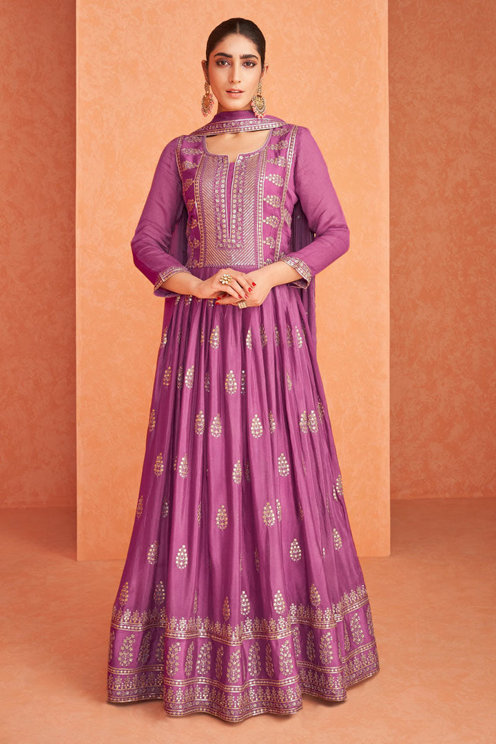 Alluring Sequins Work Purple Color Georgette Fabric Party Wear Anarkali Suit