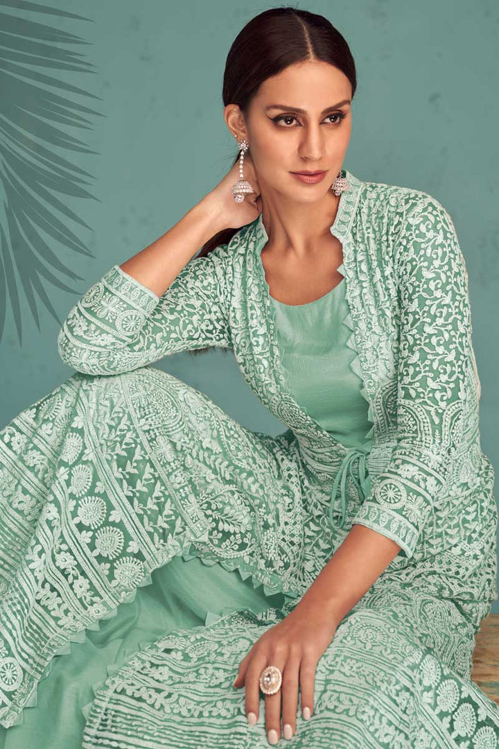 Classic Sea Green Color Readymade Sharara Top Lehenga In Georgette Fabric