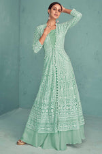 Load image into Gallery viewer, Classic Sea Green Color Readymade Sharara Top Lehenga In Georgette Fabric

