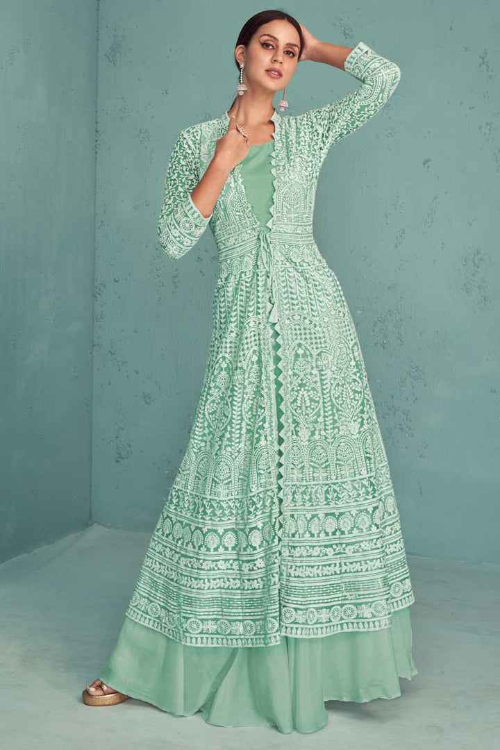 Classic Sea Green Color Readymade Sharara Top Lehenga In Georgette Fabric