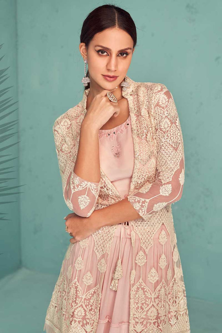 Winsome Georgette Fabric Peach Color Readymade Sharara Top Lehenga