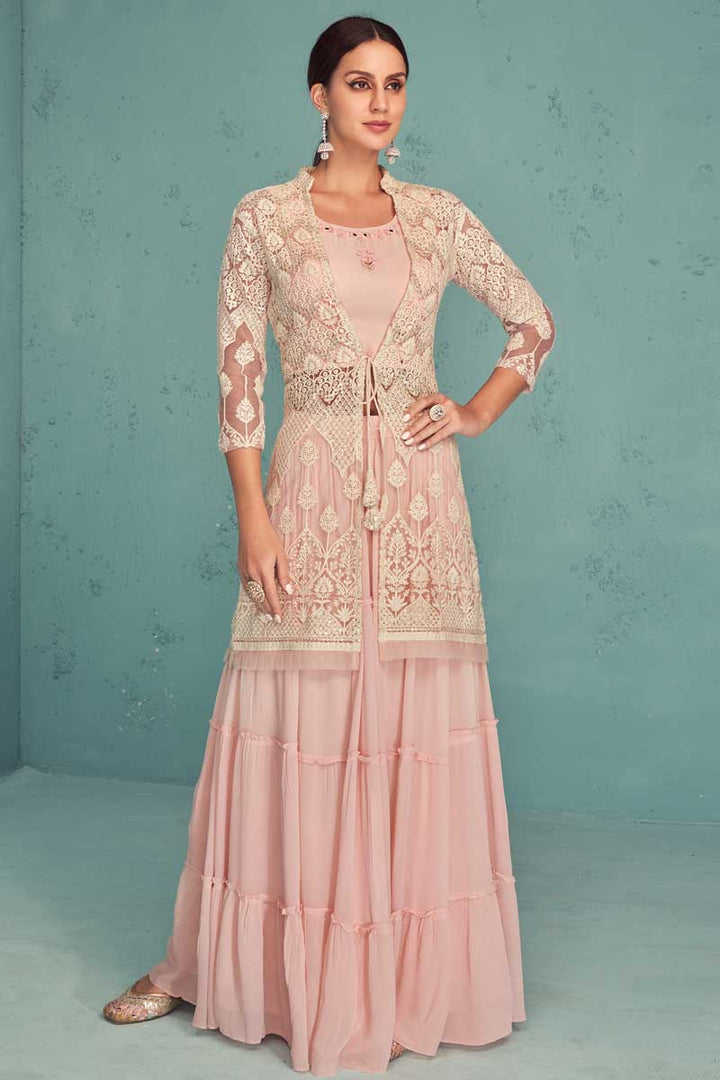 Winsome Georgette Fabric Peach Color Readymade Sharara Top Lehenga