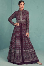 Load image into Gallery viewer, Creative Readymade Sharara Top Lehenga In Wine Color Georgette Fabric
