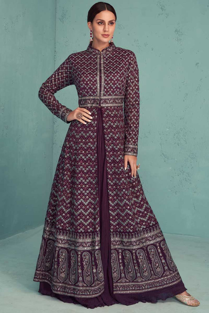 Creative Readymade Sharara Top Lehenga In Wine Color Georgette Fabric