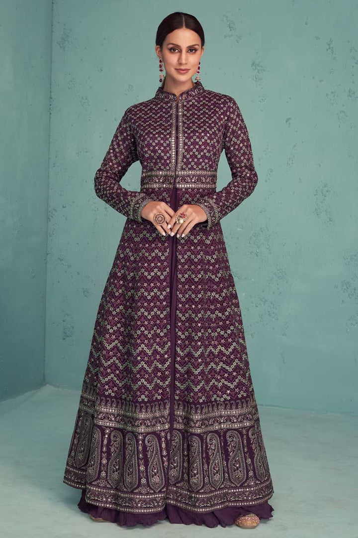 Creative Readymade Sharara Top Lehenga In Wine Color Georgette Fabric