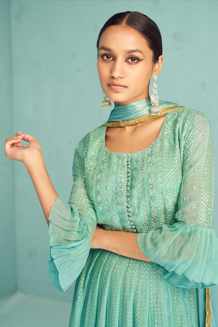 Georgette Fabric Sea Green Color Supreme Embroidered Anarkali Suit