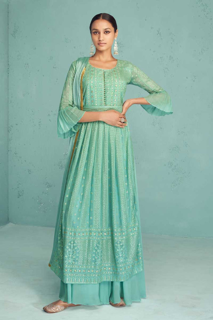 Georgette Fabric Sea Green Color Supreme Embroidered Anarkali Suit