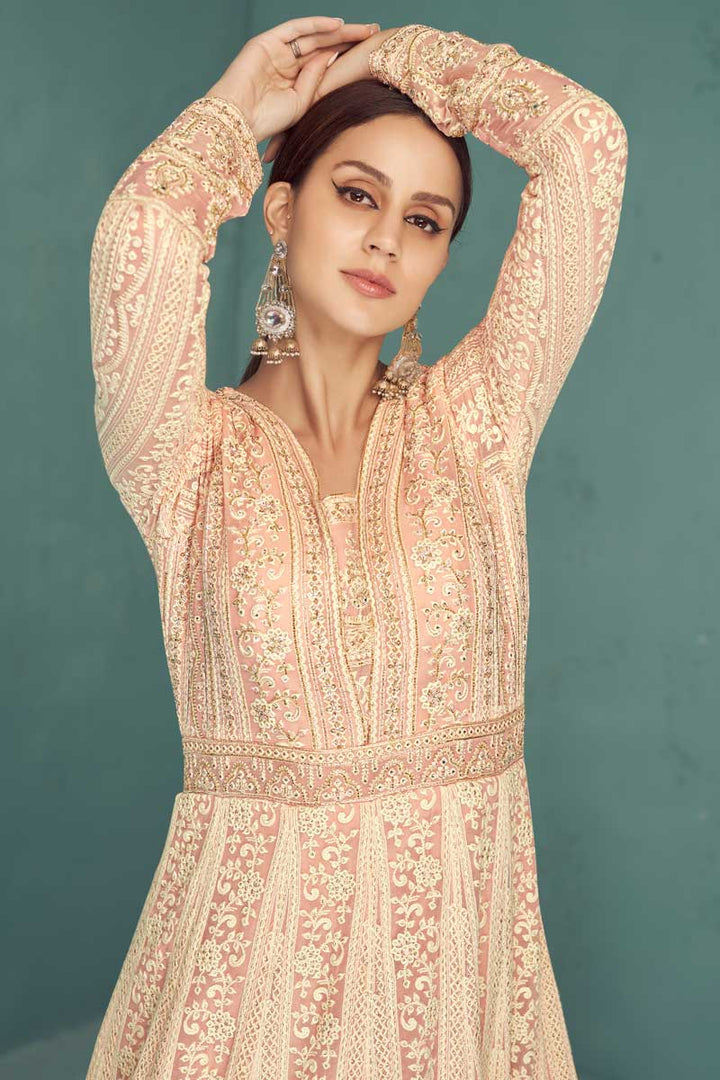 Alluring Georgette Fabric Peach Color Embroidered Anarkali Suit