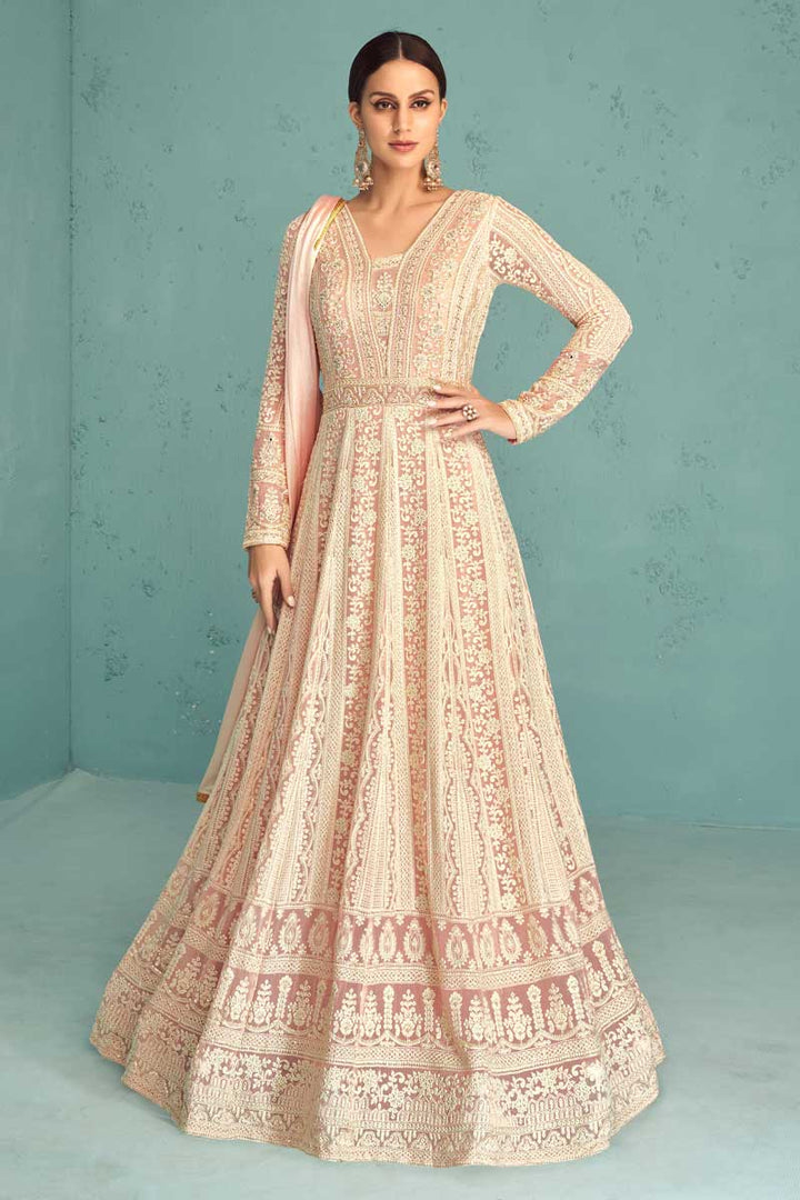 Alluring Georgette Fabric Peach Color Embroidered Anarkali Suit