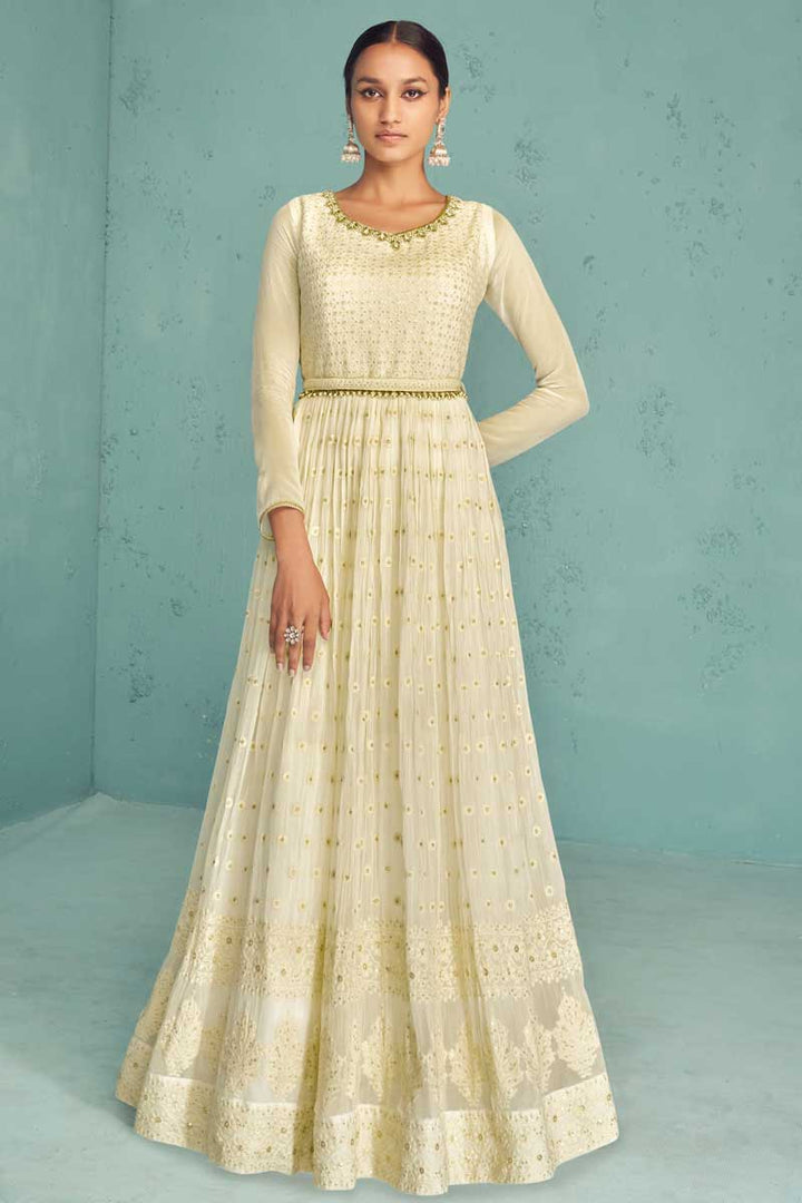Excellent Georgette Fabric Cream Color Embroidered Anarkali Suit
