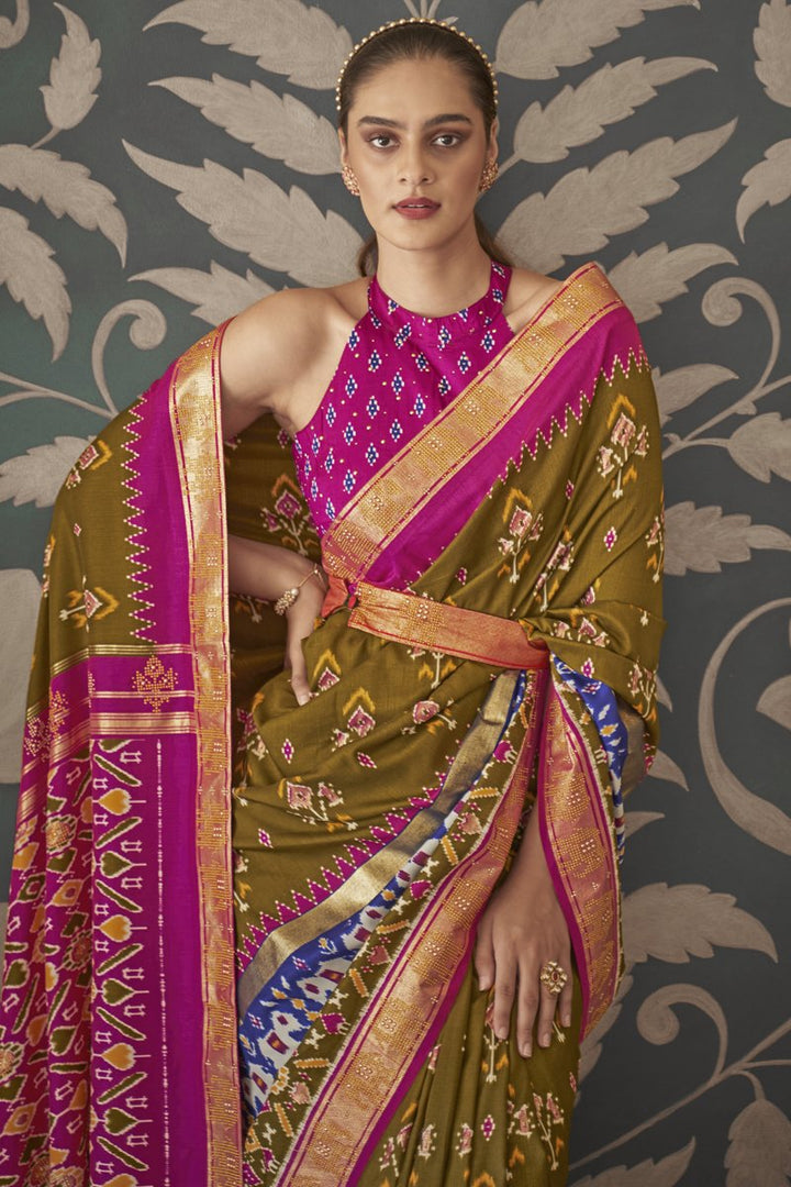 Green Color Function Wear Patola Style Silk Printed Designer Saree