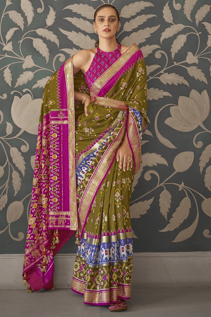 Green Color Function Wear Patola Style Silk Printed Designer Saree
