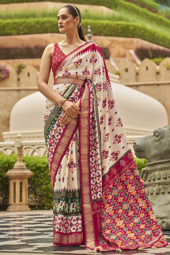 Patola Style Silk Function Wear Off White Printed Designer Saree