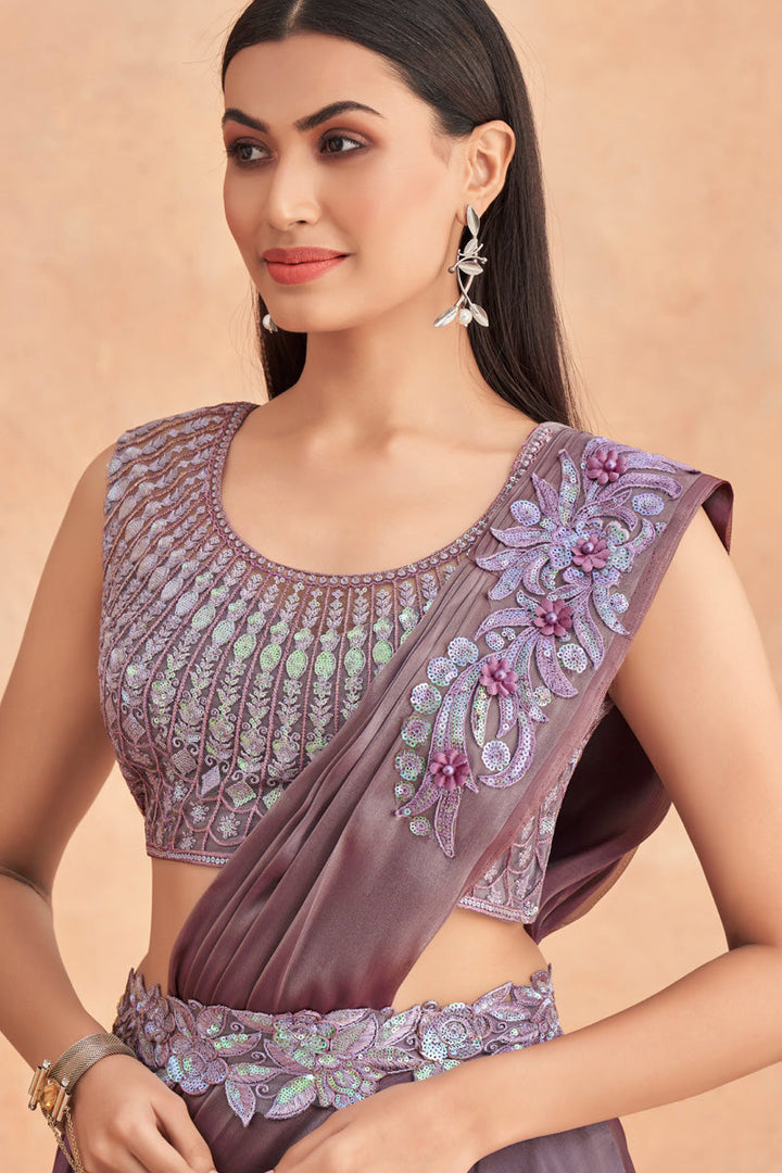 Purple Floral Patterns Designer Lehenga Style Saree