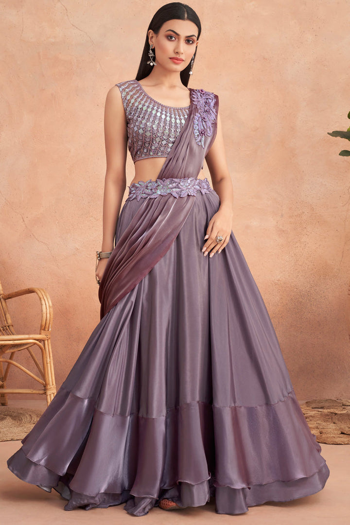 Purple Floral Patterns Designer Lehenga Style Saree
