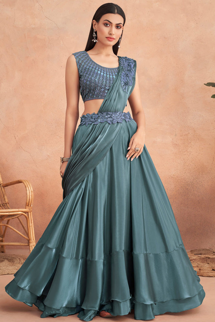 Art Silk Traditional Lehenga Style Saree In Sea Green