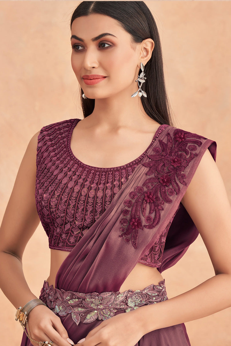 Floral Patterns Lehenga Style Maroon Saree