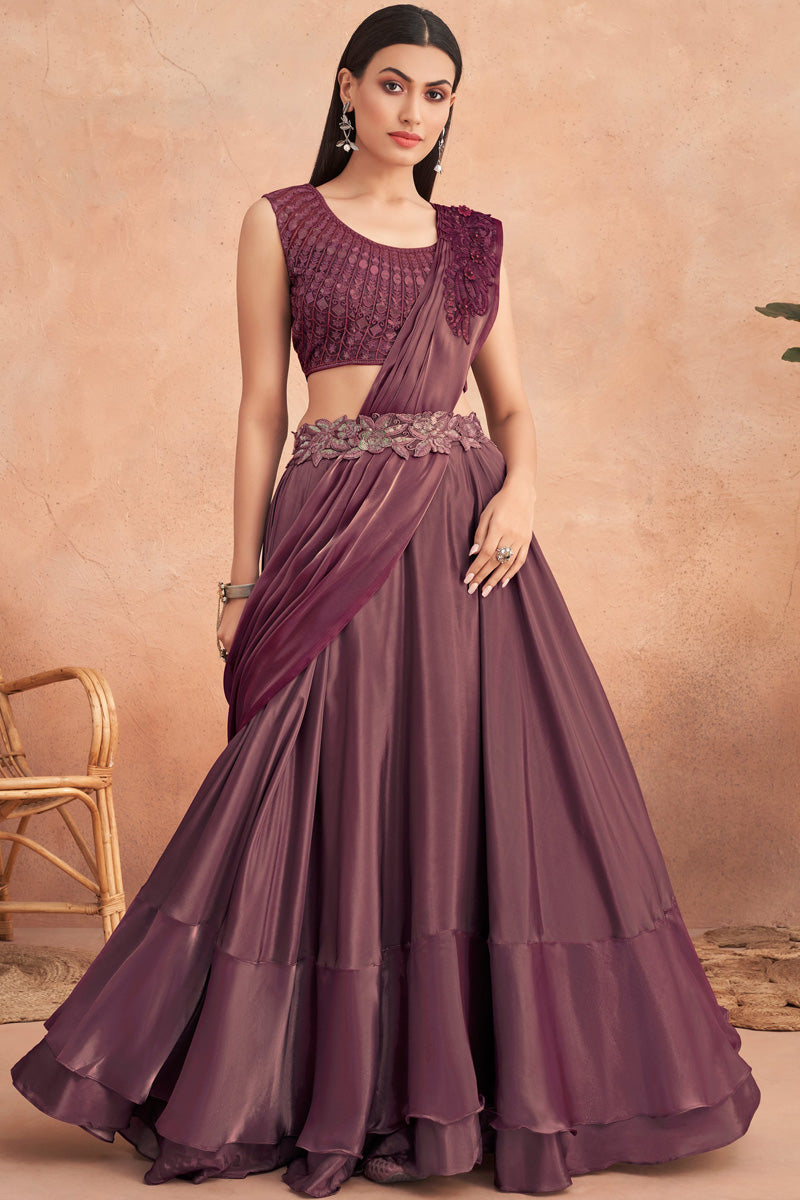 Floral Patterns Lehenga Style Maroon Saree