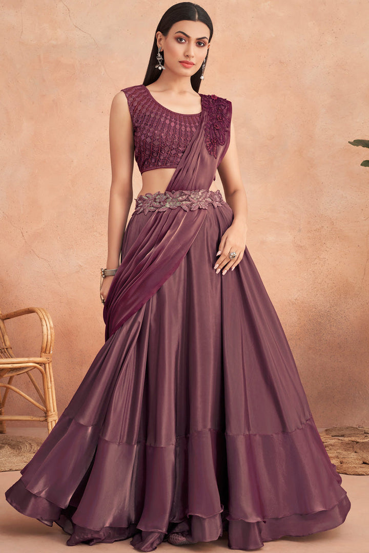 Floral Patterns Lehenga Style Maroon Saree