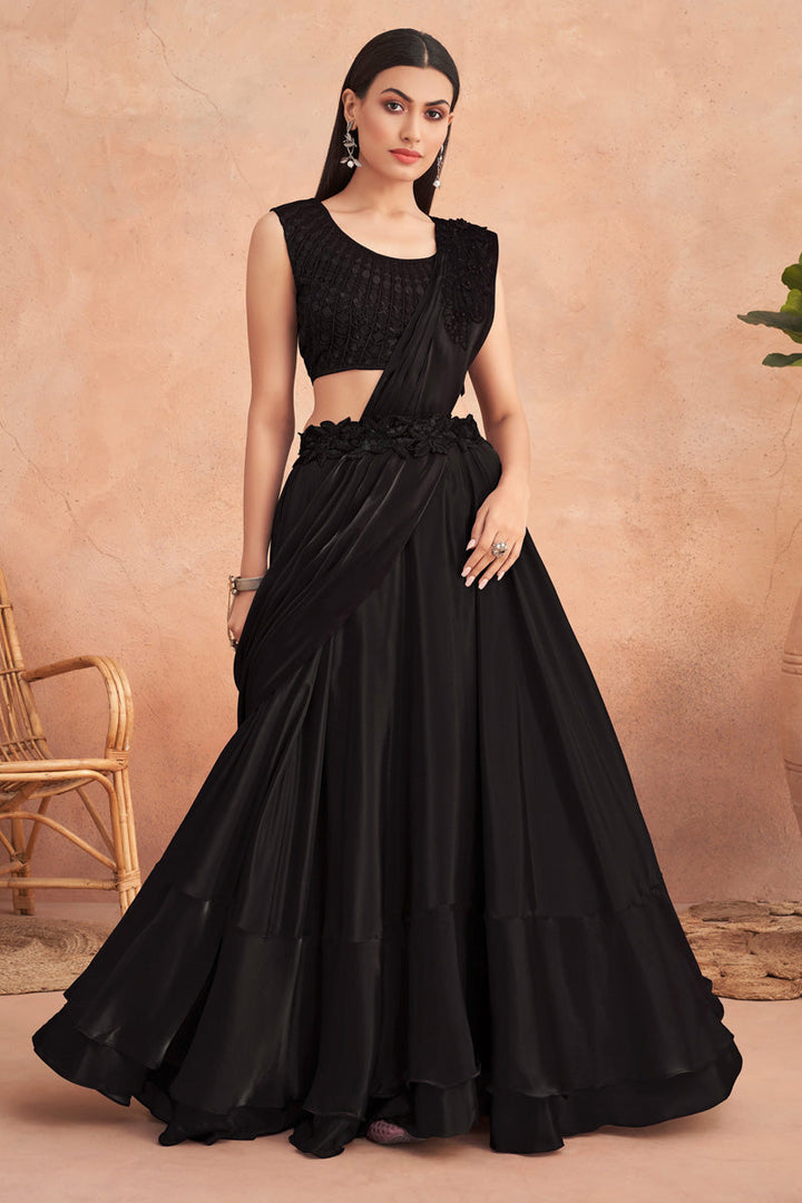 Embroidered Art Silk Lehenga Style Saree In Black