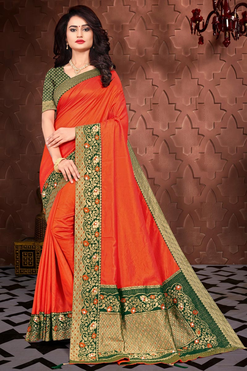 Festive Wear Orange Color Fancy Art Silk Fabric Border Work Saree