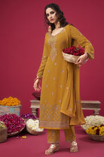 Load image into Gallery viewer, Georgette Fabric Trendy Party Wear Embroidered Straight Cut Suit In Mustard Color
