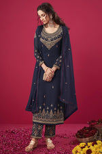 Load image into Gallery viewer, Trendy Navy Blue Color Party Wear Embroidered Straight Cut Suit In Georgette Fabric
