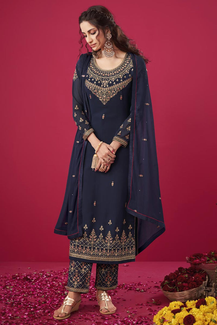 Trendy Navy Blue Color Party Wear Embroidered Straight Cut Suit In Georgette Fabric