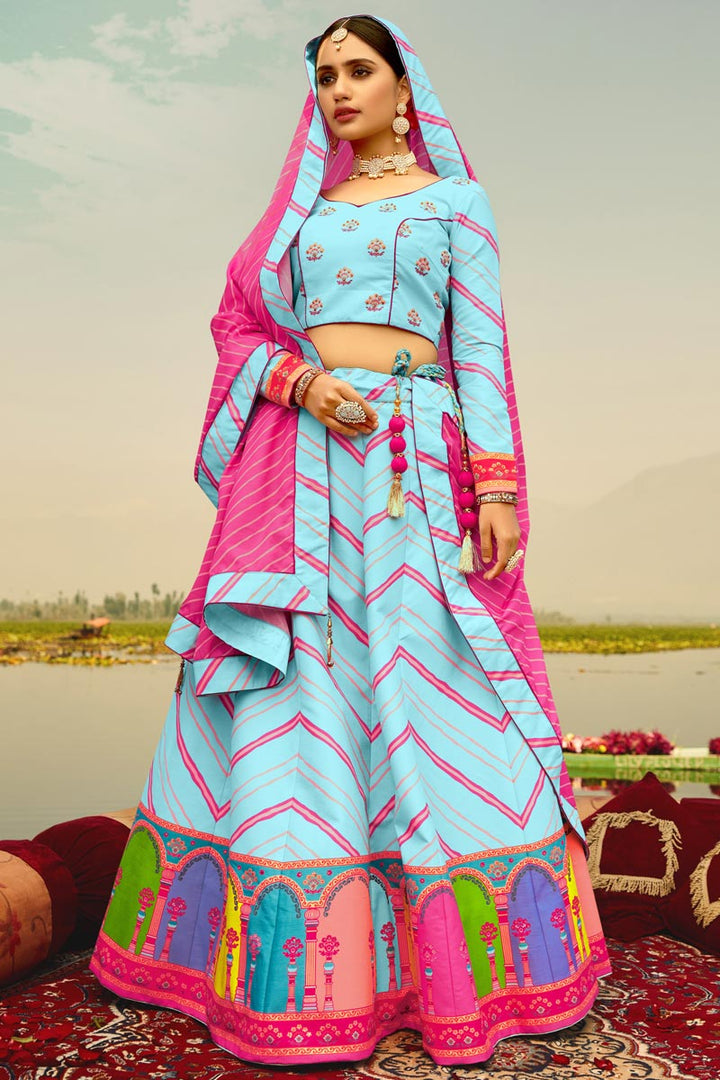 Art Silk Fabric Printed Wedding Wear Trendy Lehenga Choli In Sky Blue Color