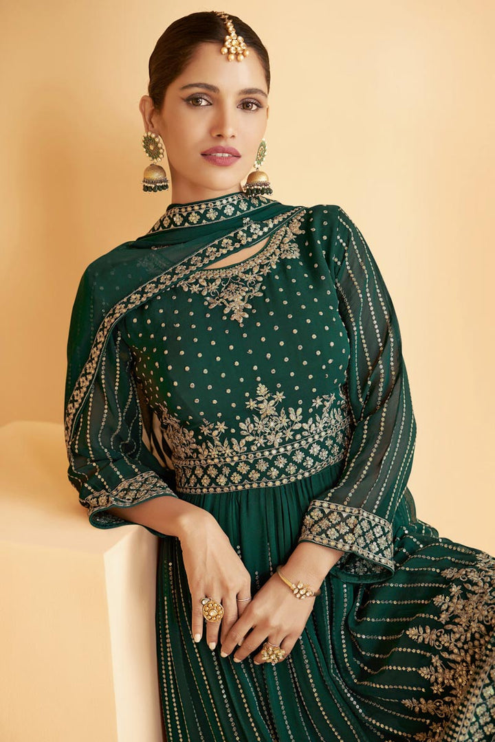 Dark Green Color Function Wear Georgette Fabric Embroidered Sharara Suit Featuring Vartika Singh