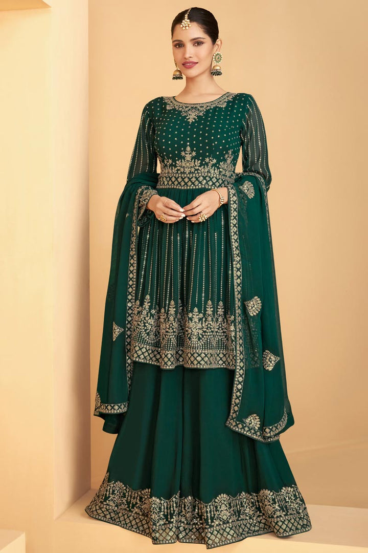 Dark Green Color Function Wear Georgette Fabric Embroidered Sharara Suit Featuring Vartika Singh