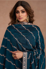 Load image into Gallery viewer, Shamita Shetty Engaging Teal Color Art Silk Fabric Gown With Dupatta
