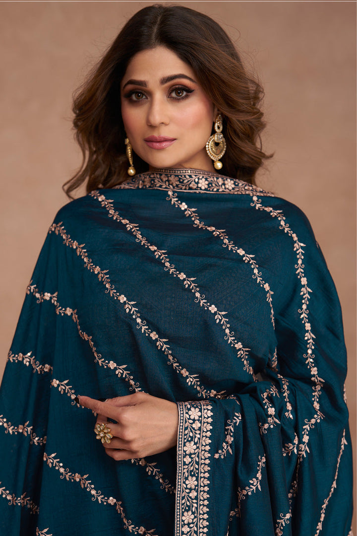 Shamita Shetty Engaging Teal Color Art Silk Fabric Gown With Dupatta